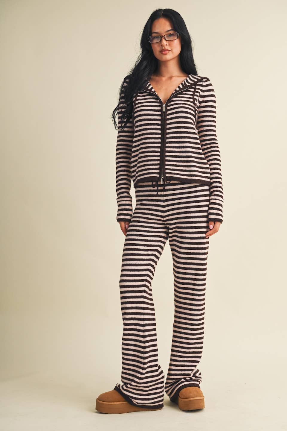 Striped Relaxed Zip Up Knit Sweater Hoodie: Choco Pink Stripe