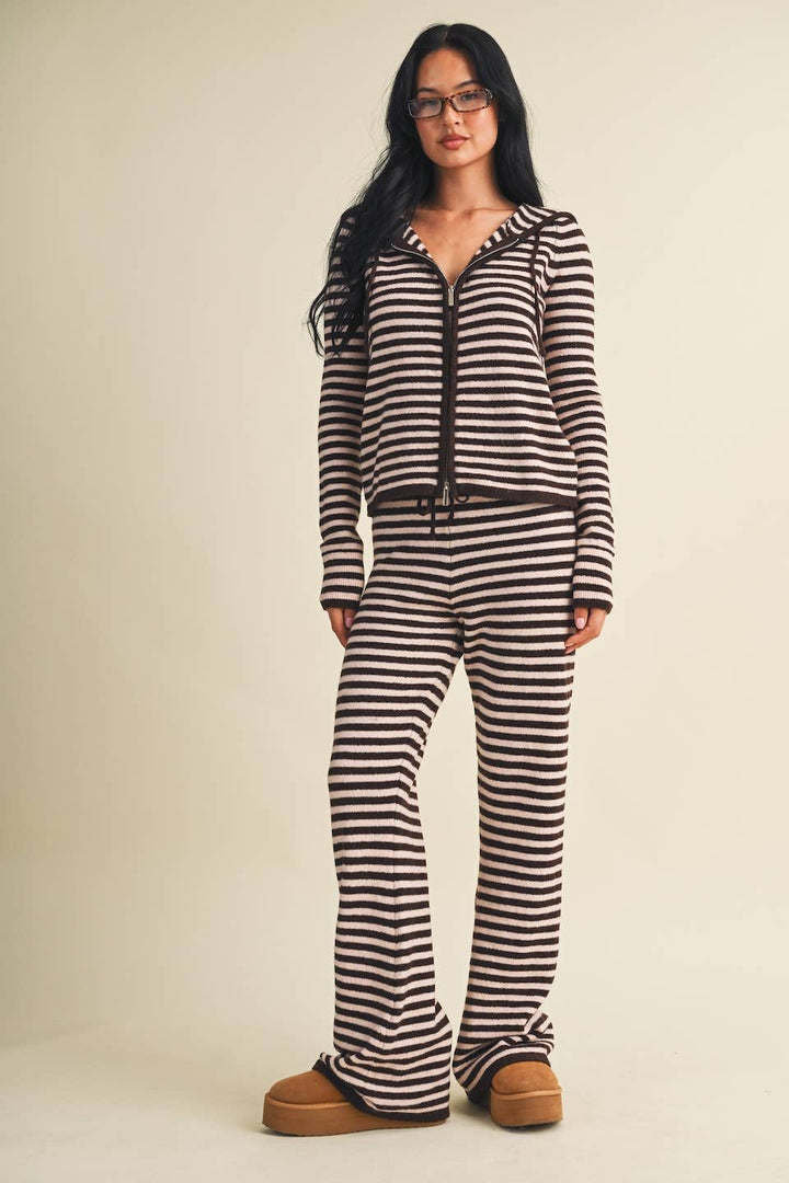 Striped Relaxed Zip Up Knit Sweater Hoodie: Choco Pink Stripe