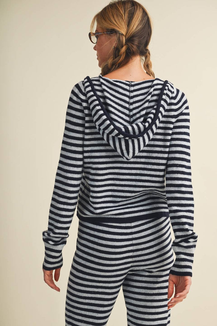 Striped Relaxed Zip Up Knit Sweater Hoodie: Choco Pink Stripe