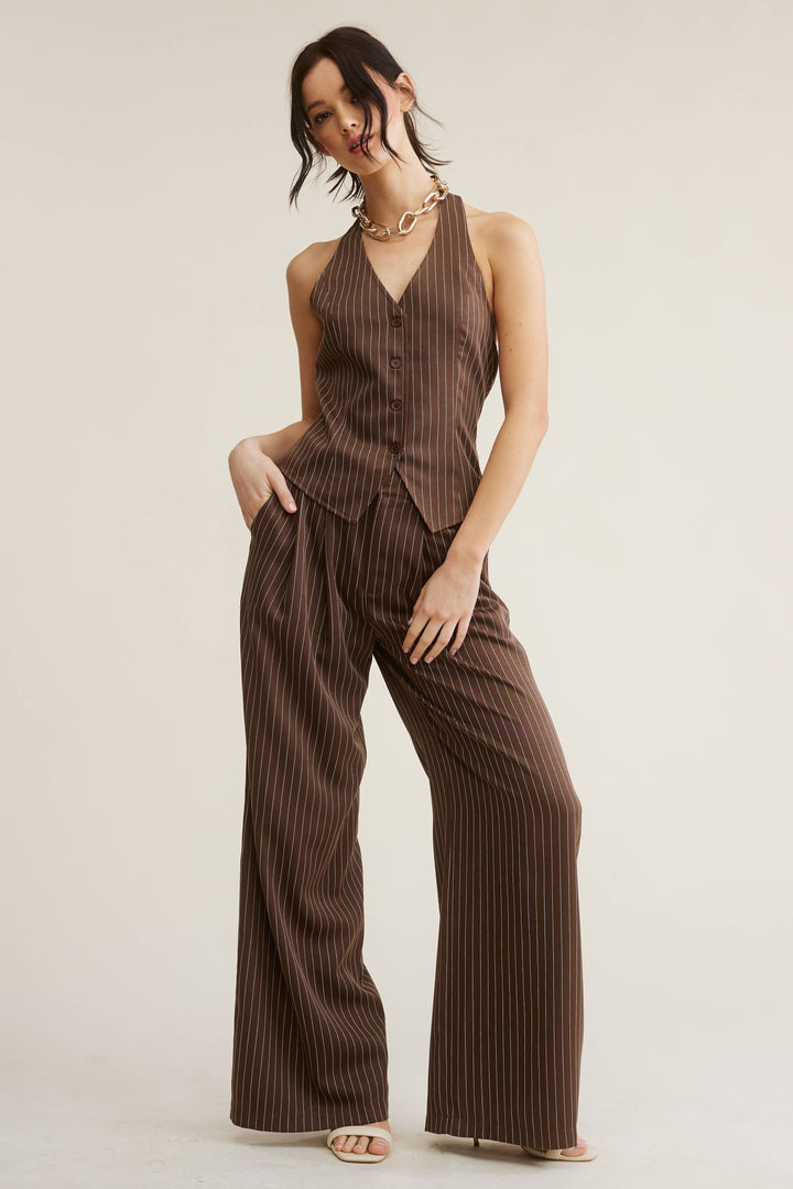 PINSTRIPE HALTER VEST + WIDE LEG PANTS MATCHING SET