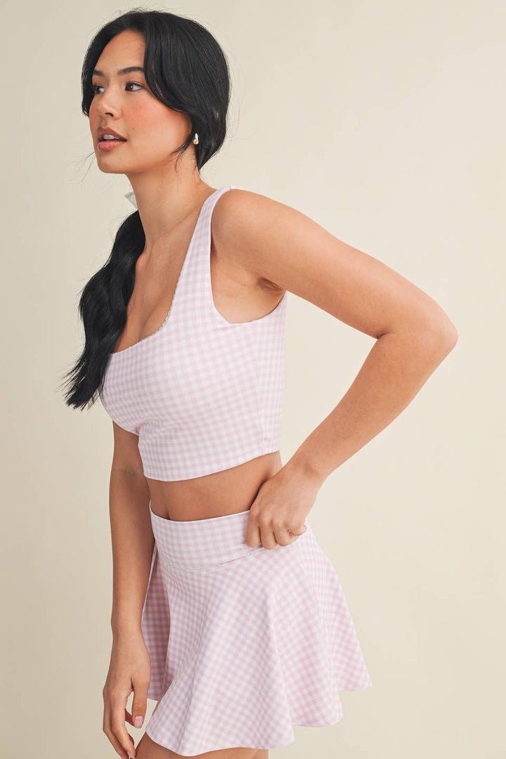 Gingham Print Crop Tank with Lace Trim