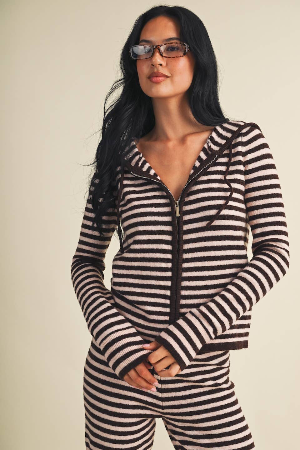 Striped Relaxed Zip Up Knit Sweater Hoodie: Choco Pink Stripe