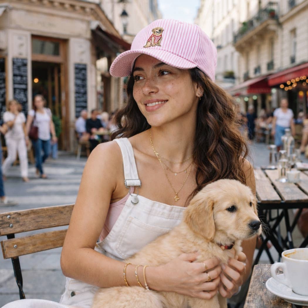 Fashion City - Golden Retriever Embroidered Seersucker Stripe Trucker Hat: BLUE / ONE SIZE