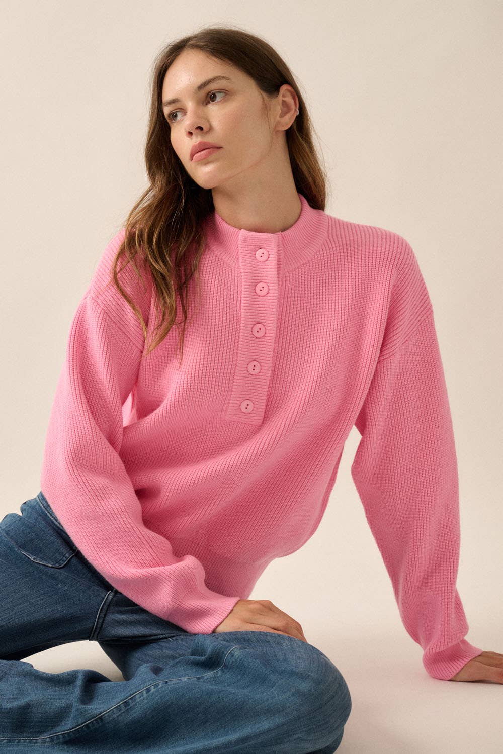 Solid Rib Knit Low Cut Collar Button Up Sweater: Cocoa