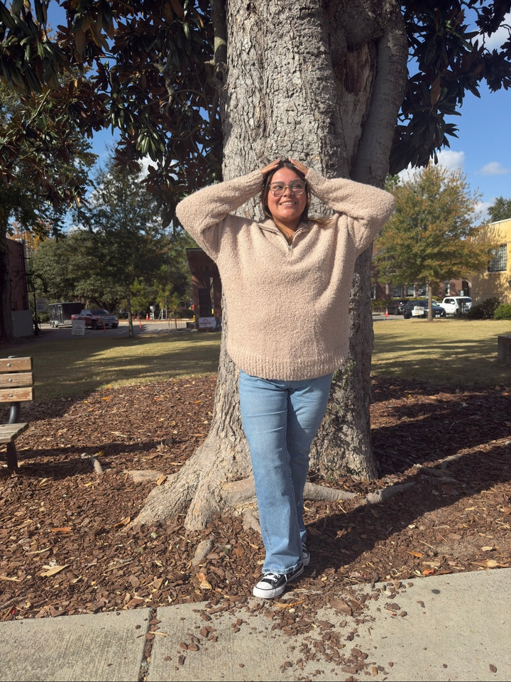 Taupe Half Zipper Textures Sweater Top