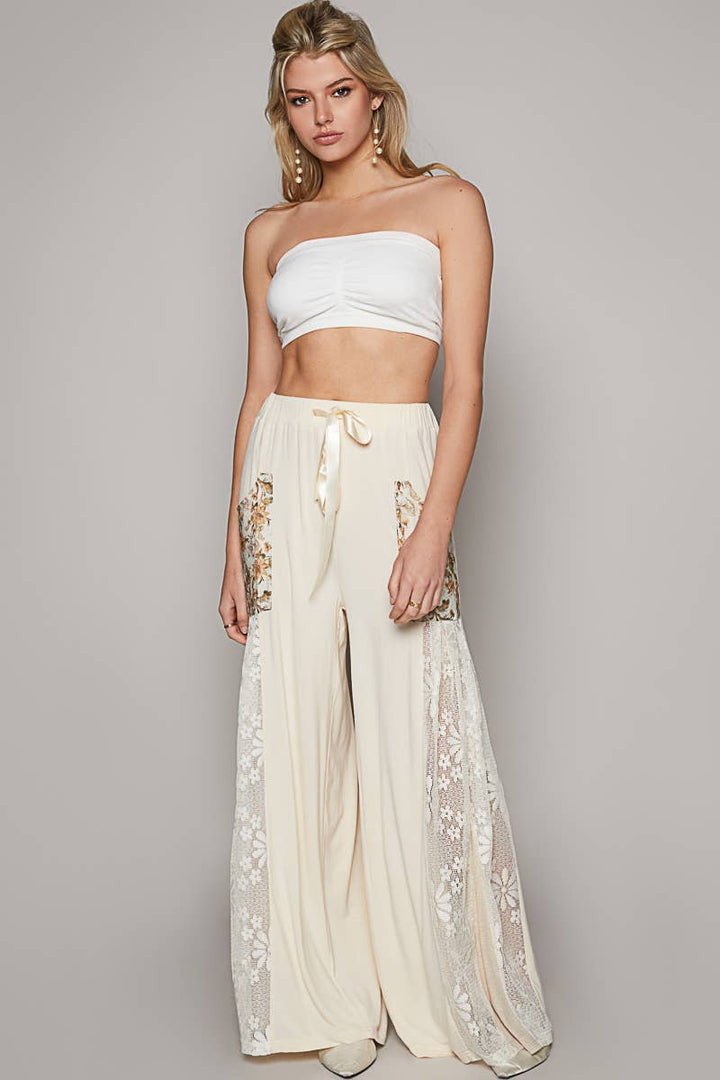 Lace printed fabric contrast adjustable strap wide pants