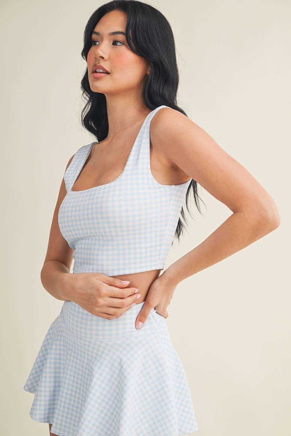 Gingham Print Crop Tank with Lace Trim