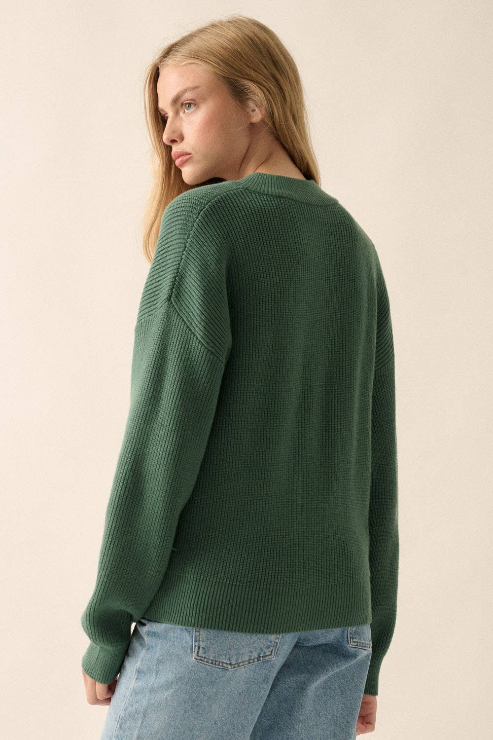 Solid Rib Knit Low Cut Collar Button Up Sweater: Cocoa