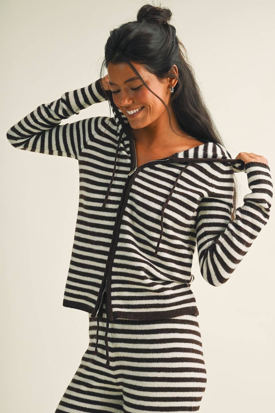 Striped Relaxed Zip Up Knit Sweater Hoodie: Choco Pink Stripe