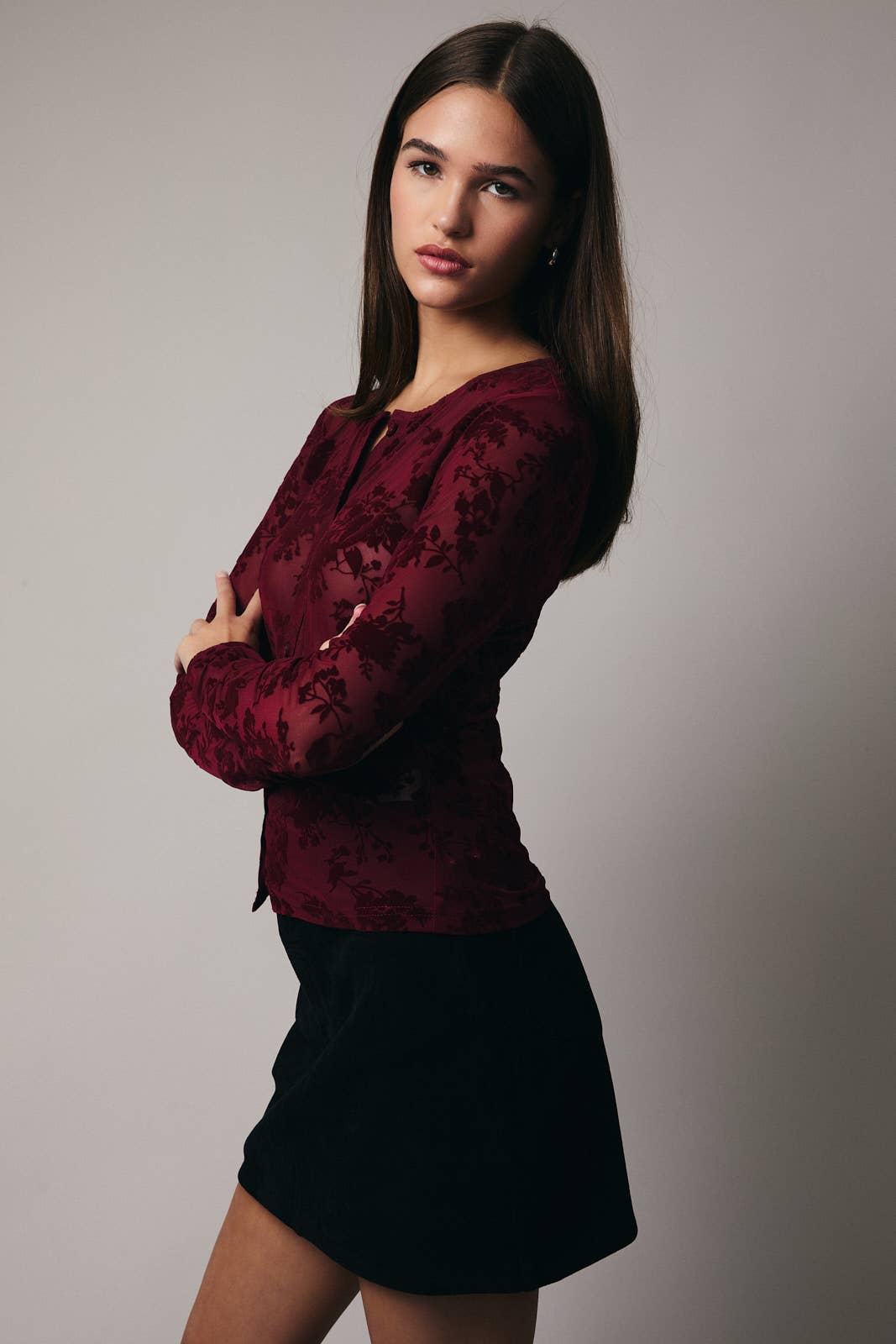 LONG SLEEVE BUTTON UP VELVET TOP