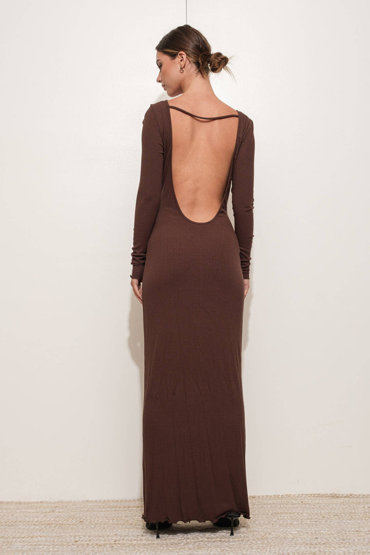 BACKLESS RIBBED KNIT MAXI DRESS