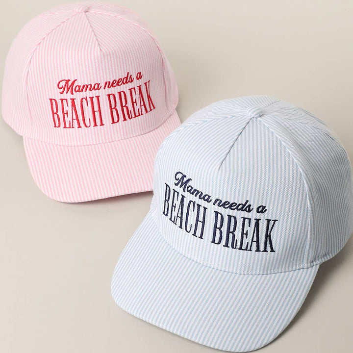 Fashion City - MAMA NEEDS A BEACH BREAK Embroidered StripedTrucker Hat: Pink