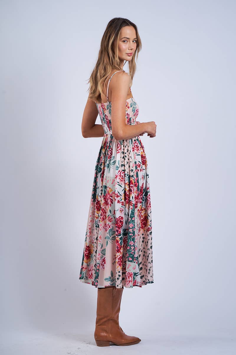 FLORAL PATCH PRINT SLEEVELESS SMOCKED MIDI DRESS