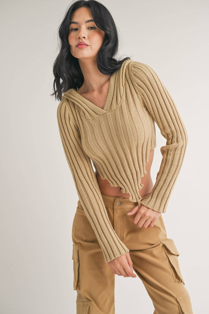 HOODED SWEATER KNIT CROP TOP WITH ASYMMETRICAL HEM