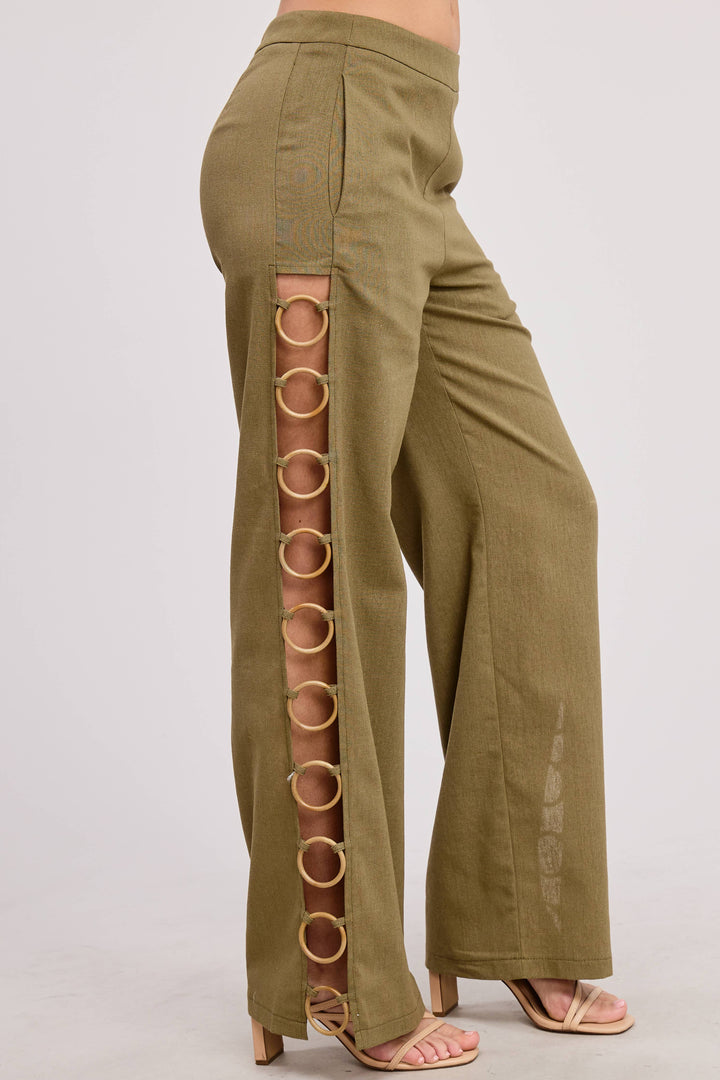 Linen Wide Leg Pants with Wooden Ring Accents