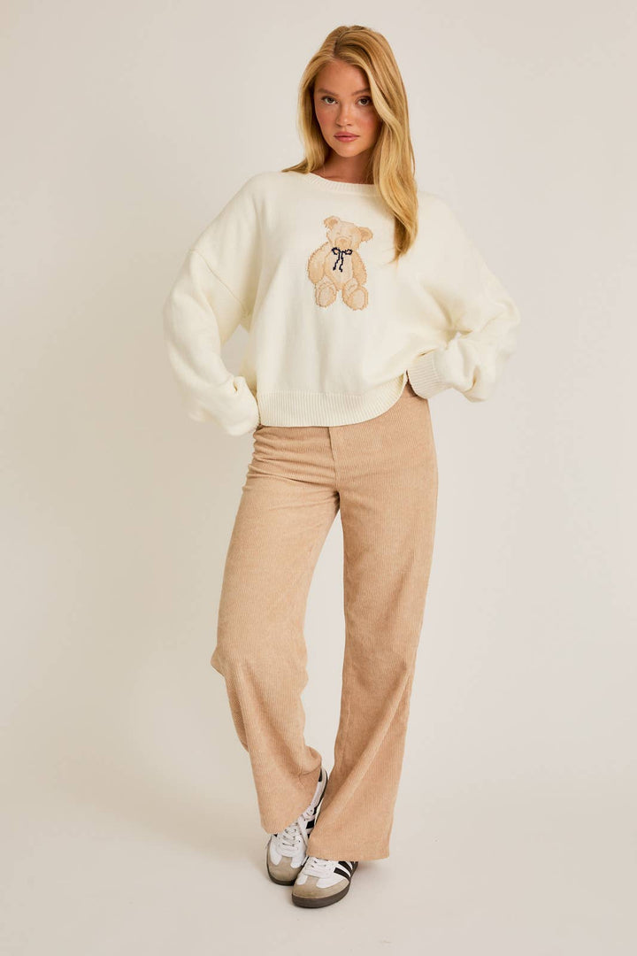 LONG SLEEVE CREW NECK TEDDY BEAR GRAPHIC SWEATER