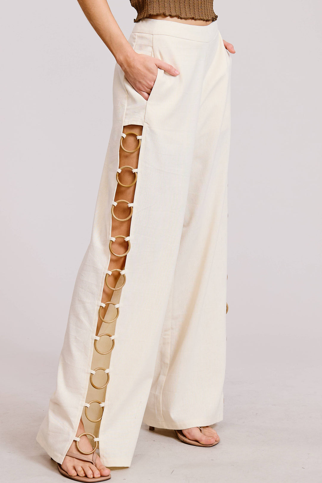 Linen Wide Leg Pants with Wooden Ring Accents