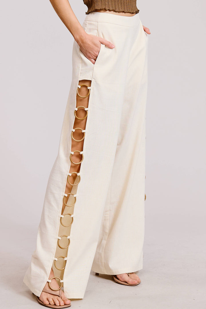 Linen Wide Leg Pants with Wooden Ring Accents