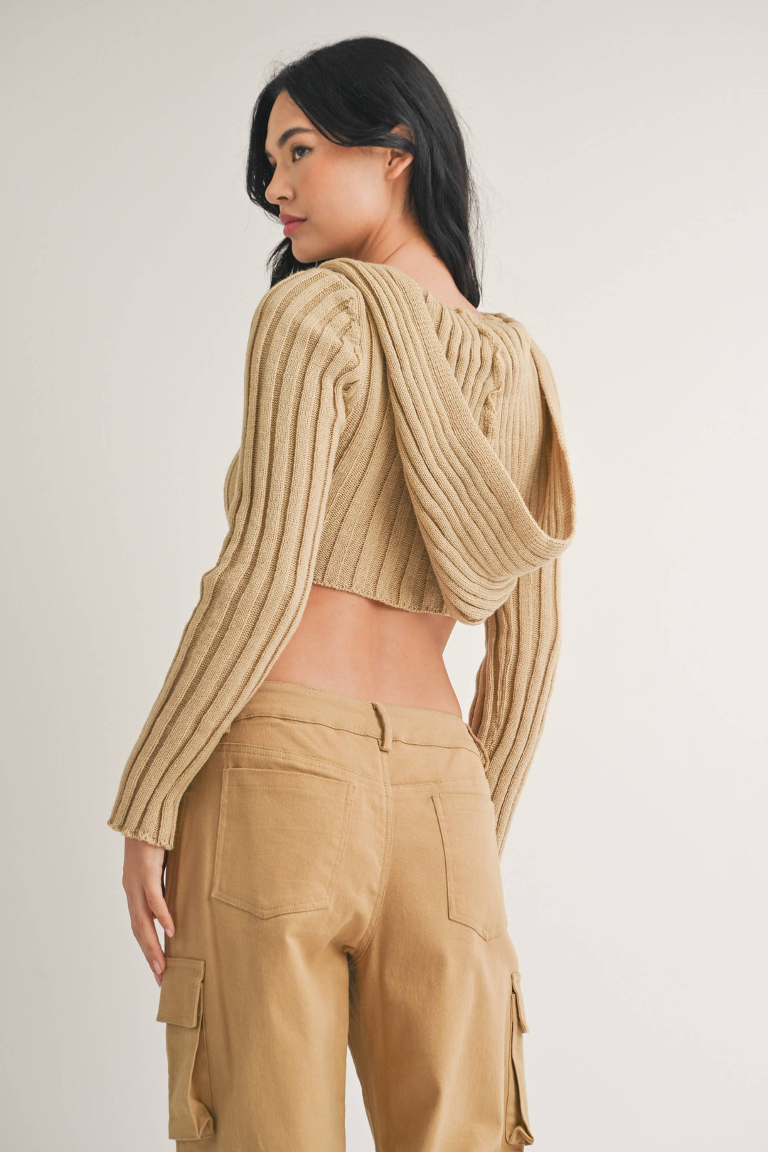 HOODED SWEATER KNIT CROP TOP WITH ASYMMETRICAL HEM