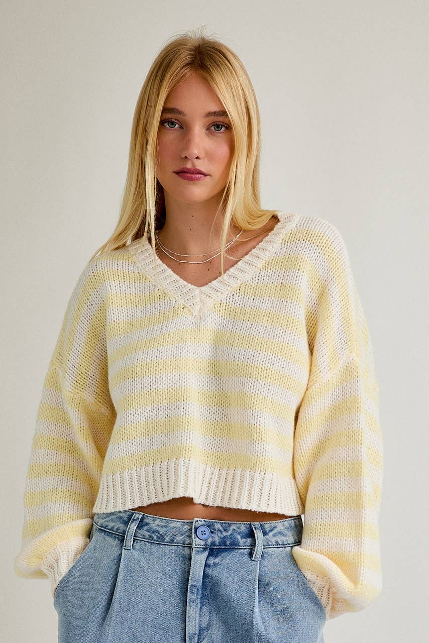 LONG SLEEVE V-NECK STRIPED CROPPED SWEATER- BUTTER