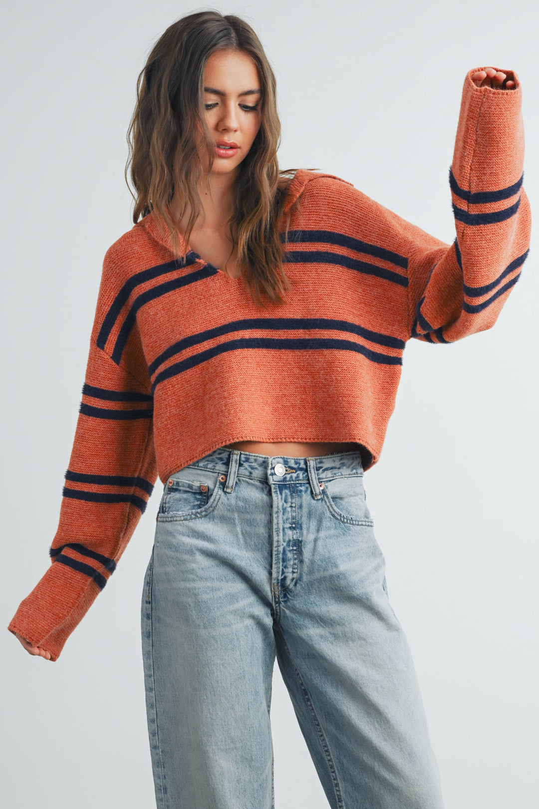 STRIPE CROP COLLAR SWEATER TOP