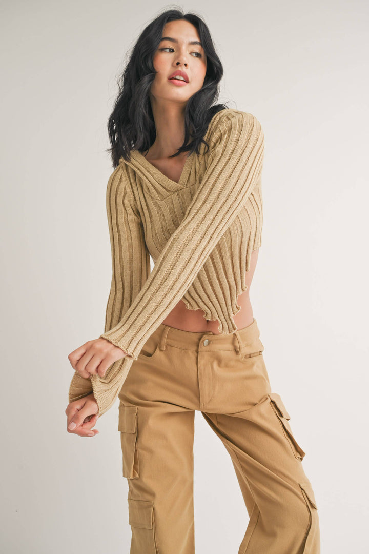 HOODED SWEATER KNIT CROP TOP WITH ASYMMETRICAL HEM