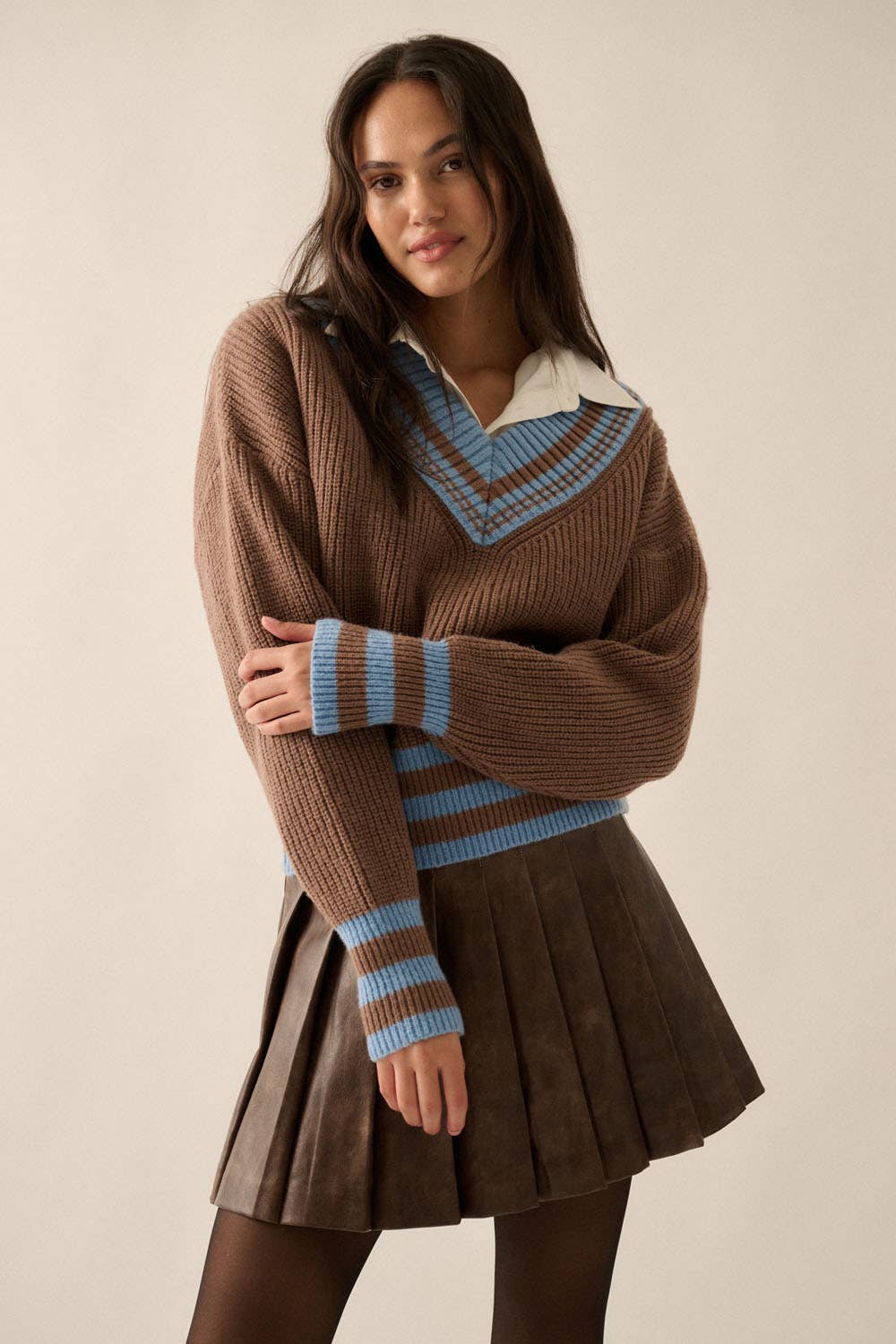 Solid Striped Rib-Knit Sweater