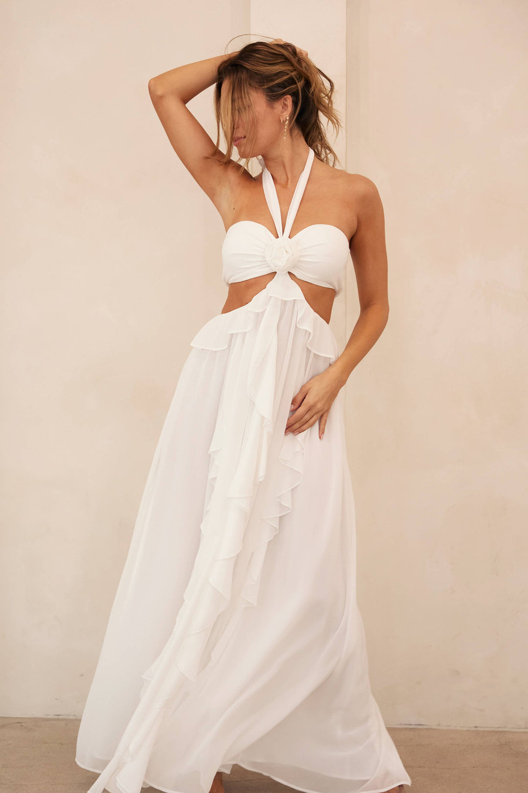 Rosette Detail Cut-Out Ruffled Maxi Dress