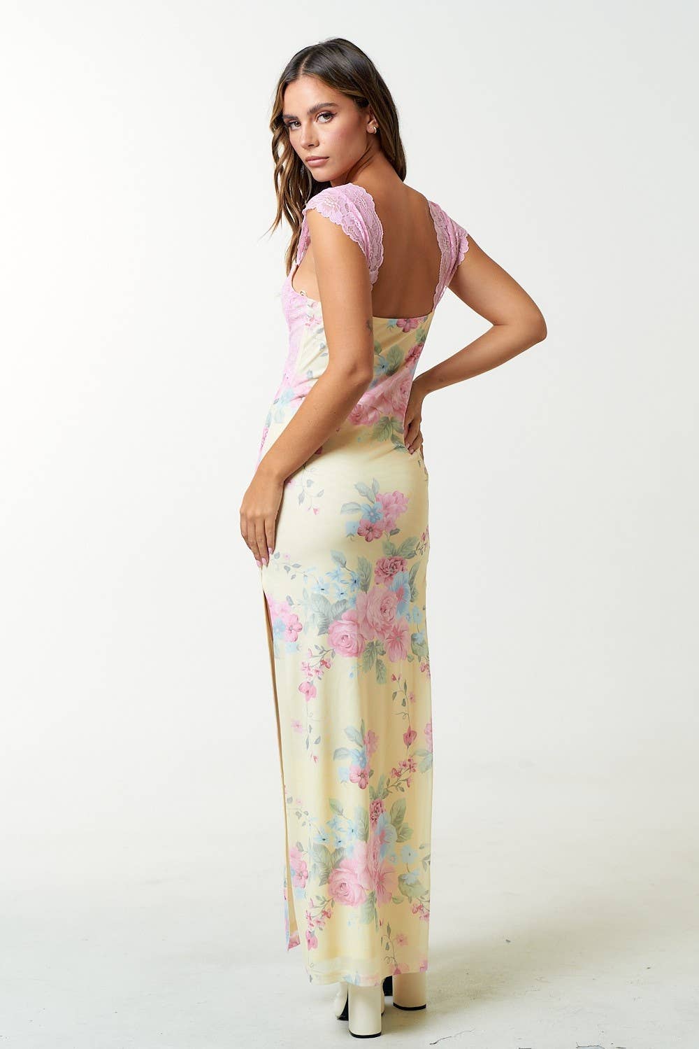 Mesh Floral Print Lace Detail Side Slit Maxi Dress
