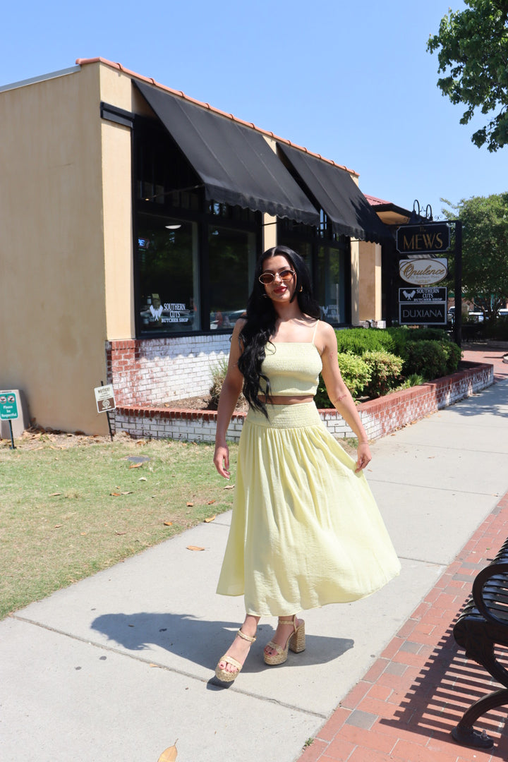 SMOCKED CROP TOP & HIGH WAISTED MIDI SKIRT