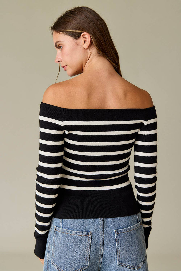 Bella Slim Fit Long Sleeve Striped Off the Shoulder
