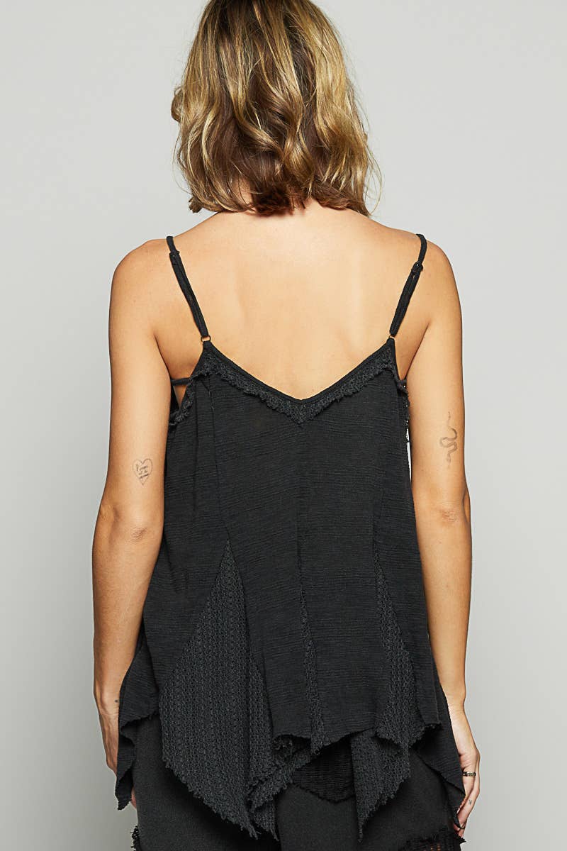 V-neck sleeveless crochet contrast raw edge top