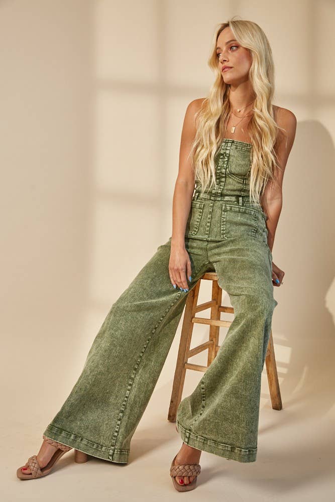 BOHO MINERAL WASH WIDE LEG DENIM JUMPSUIT