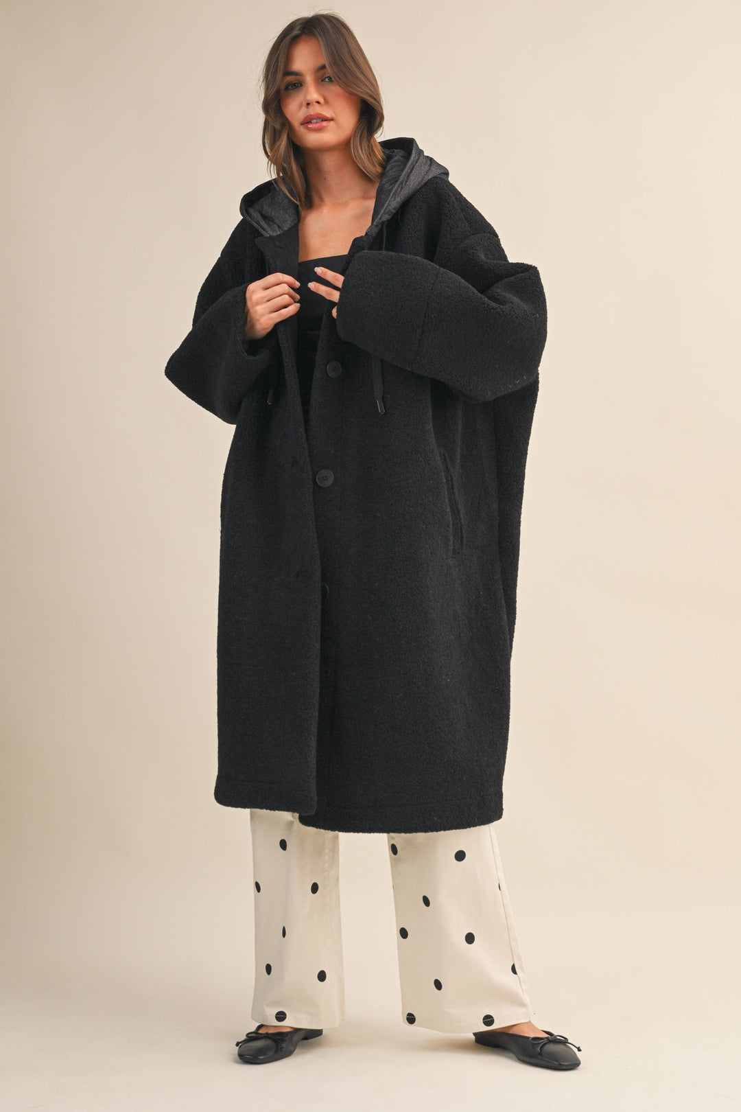 OVERSIZED DENIM CONTRAST HOODIE SHERPA COAT