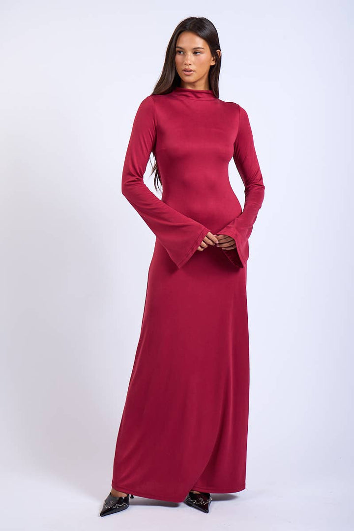 SOLID LONG SLEEVE OPEN BACK DOUBLE TIES MAXI DRESS ( Valentines)