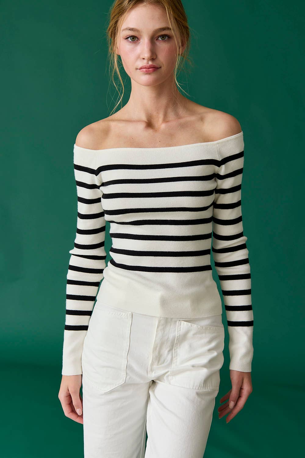 Bella Slim Fit Long Sleeve Striped Off the Shoulder
