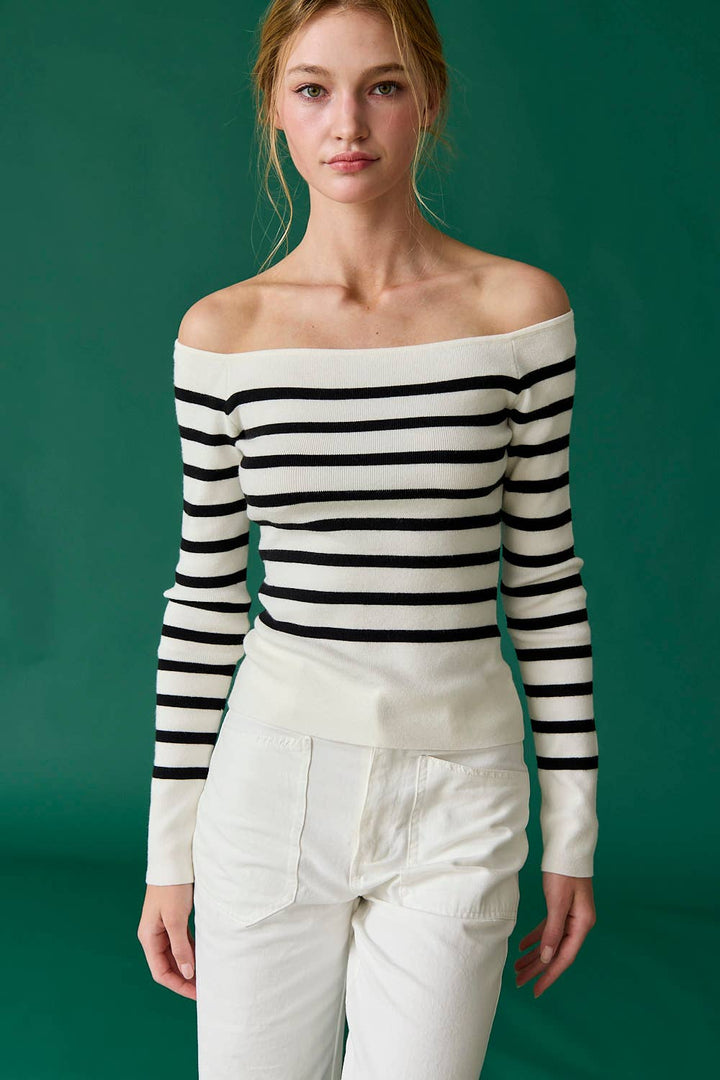 Bella Slim Fit Long Sleeve Striped Off the Shoulder