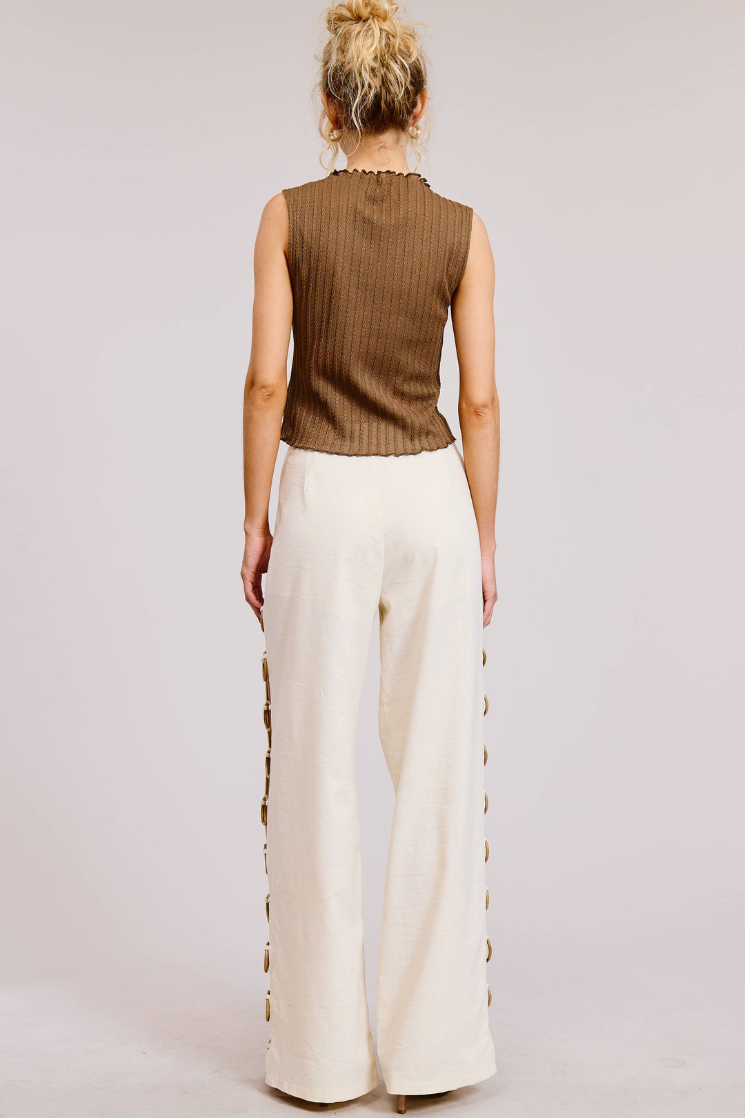 Linen Wide Leg Pants with Wooden Ring Accents