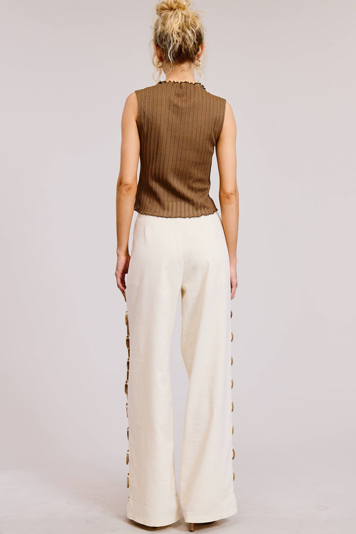 Linen Wide Leg Pants with Wooden Ring Accents