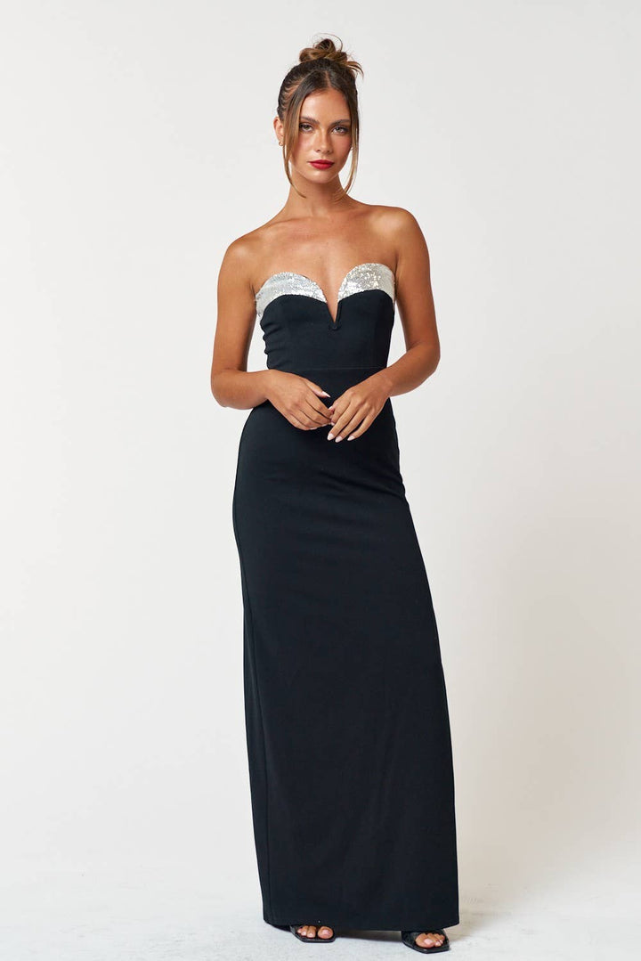 CREPE KNIT SEQUIN NECK TUBE MAXI DRESS