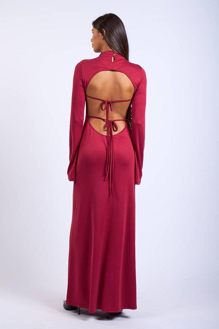 SOLID LONG SLEEVE OPEN BACK DOUBLE TIES MAXI DRESS ( Valentines)