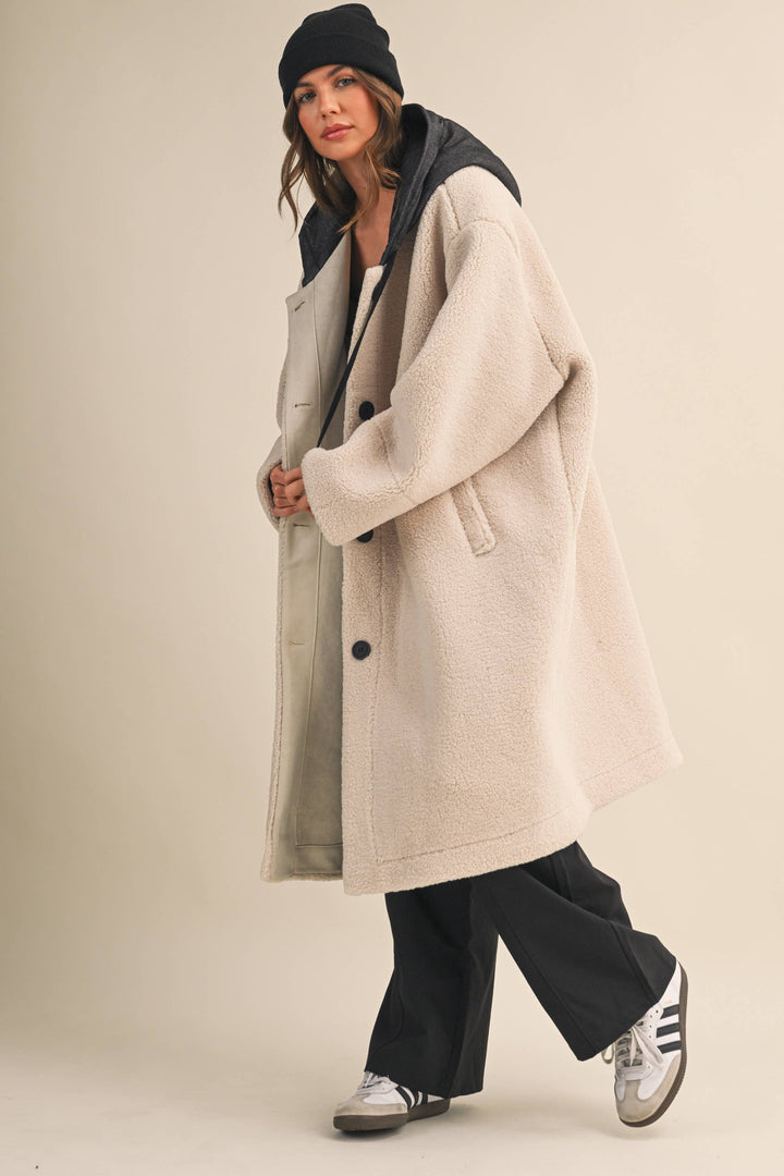 OVERSIZED DENIM CONTRAST HOODIE SHERPA COAT