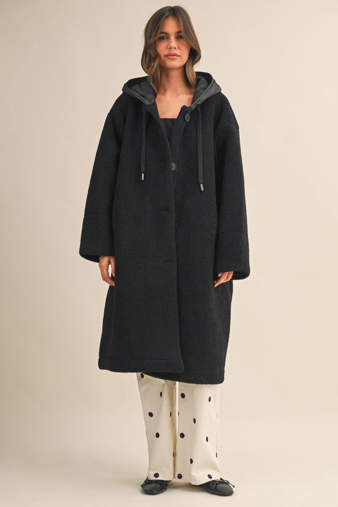 OVERSIZED DENIM CONTRAST HOODIE SHERPA COAT