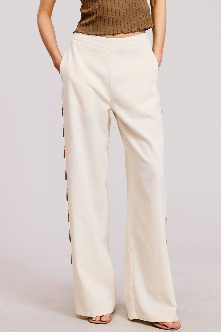 Linen Wide Leg Pants with Wooden Ring Accents