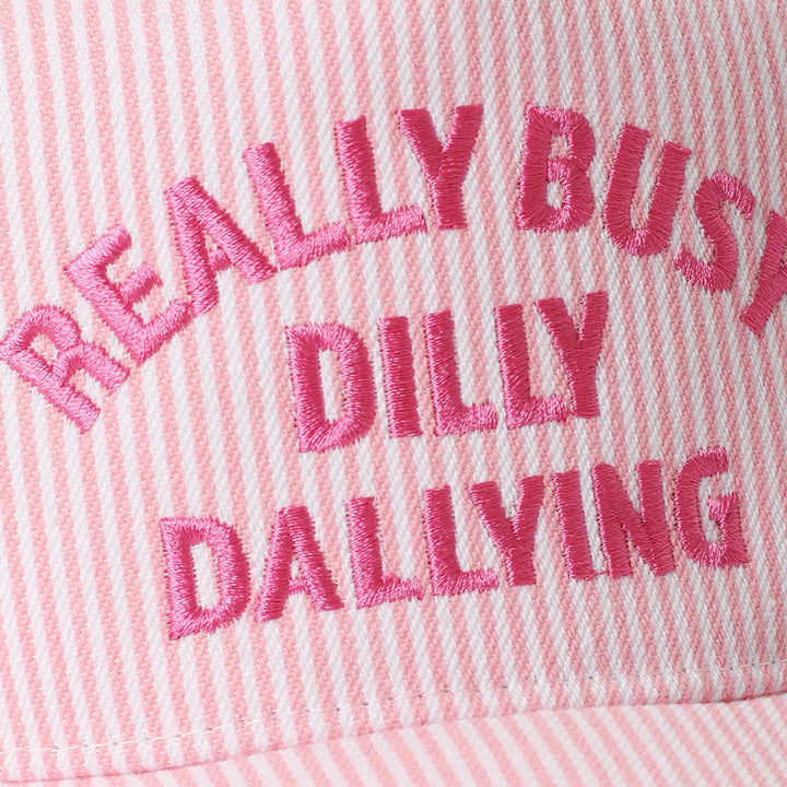 Fashion City - REALLY BUSY DILLY DALLYING Embroidered Seersucker Stripe Hat: PINK / ONE SIZE