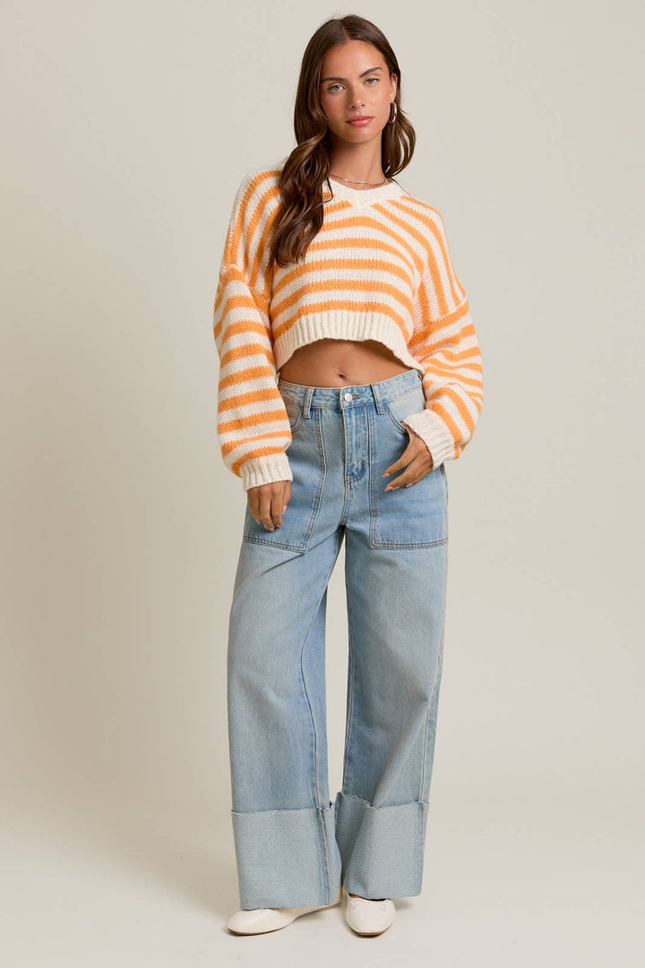 LONG SLEEVE V-NECK STRIPED CROPPED SWEATER- BUTTER