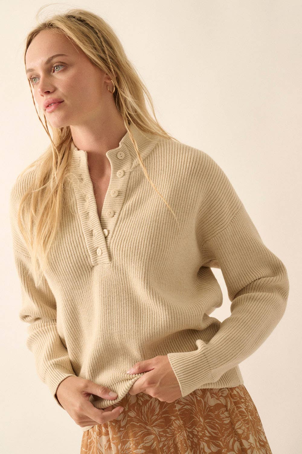 Solid Rib Knit Low Cut Collar Button Up Sweater: Cocoa