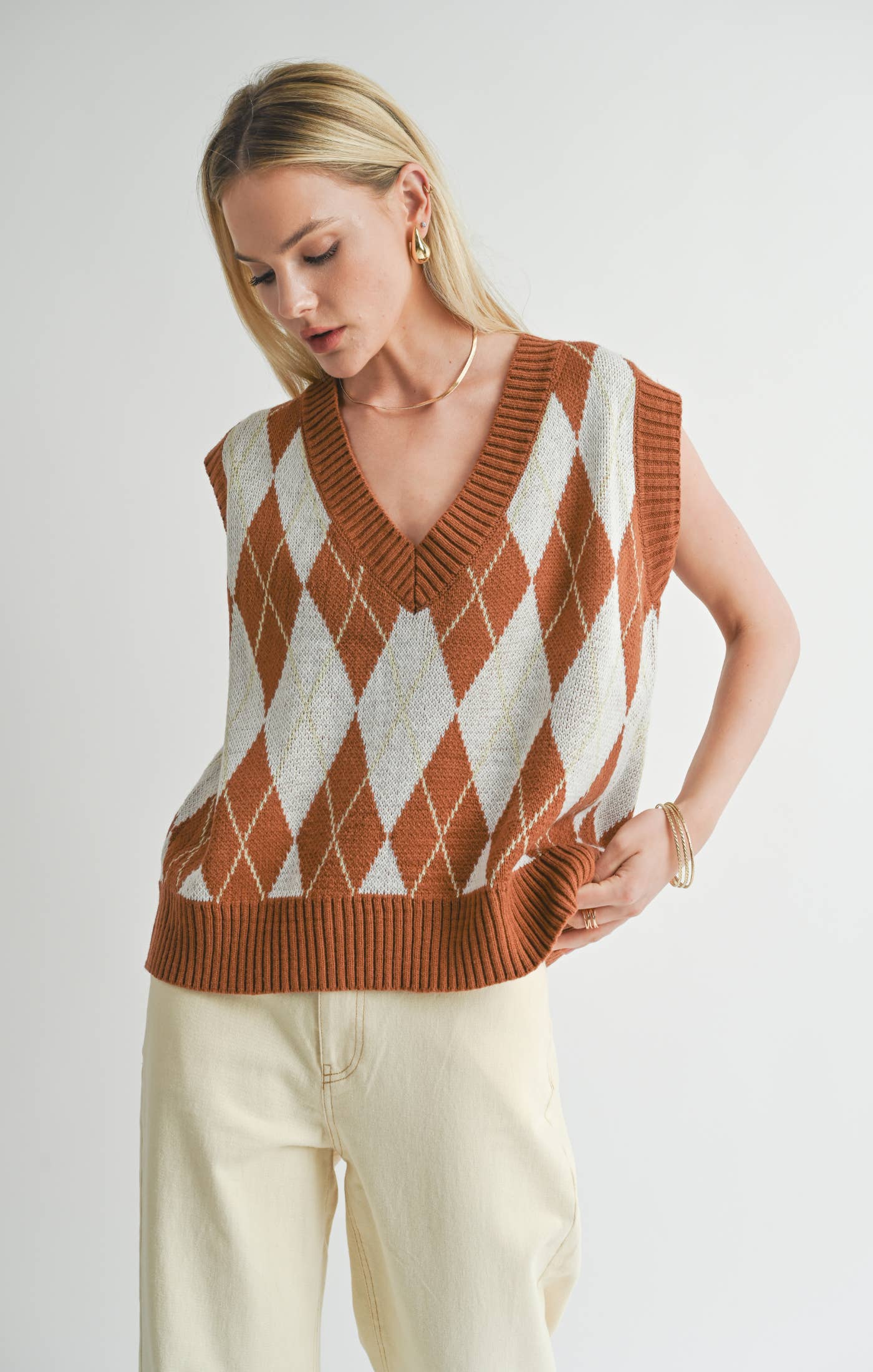 Shawna Argyle Sweater Vest: BROWN MULTI: LARGE