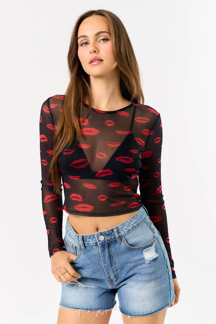 MESH LIP PRINT LONG SLEEVE CROP TOP