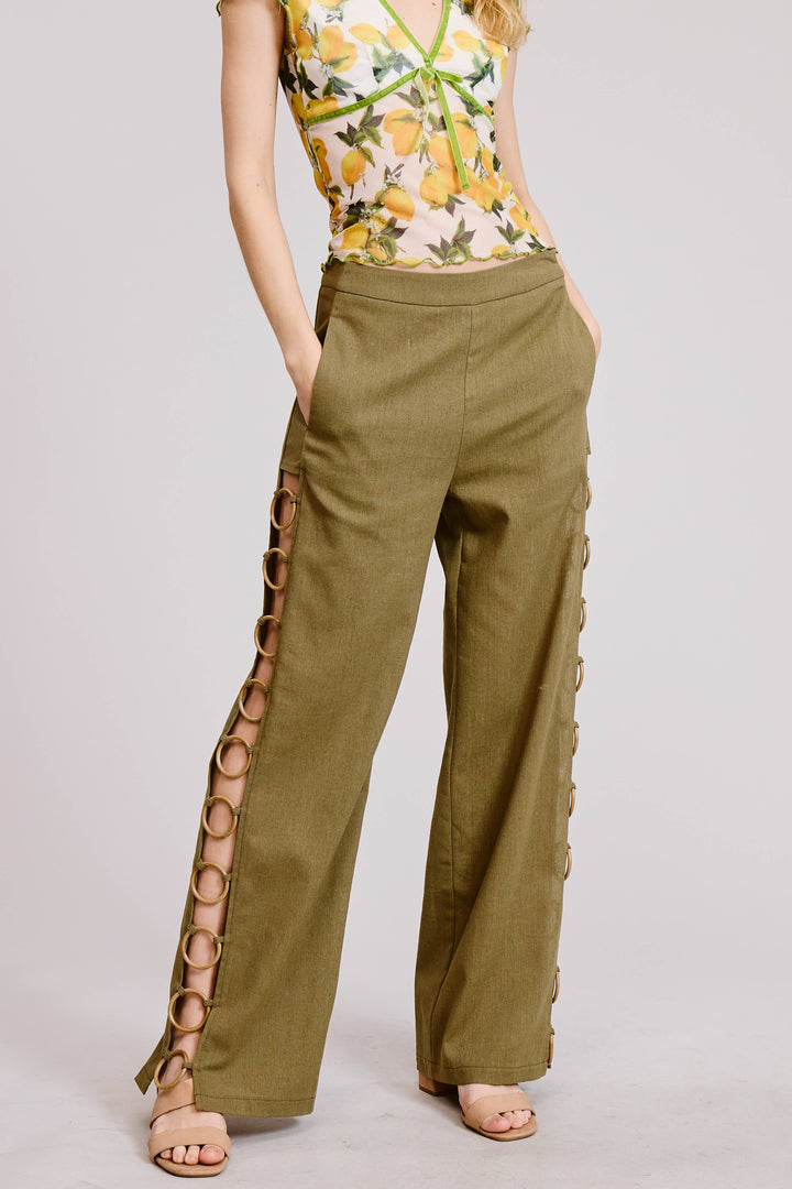 Linen Wide Leg Pants with Wooden Ring Accents